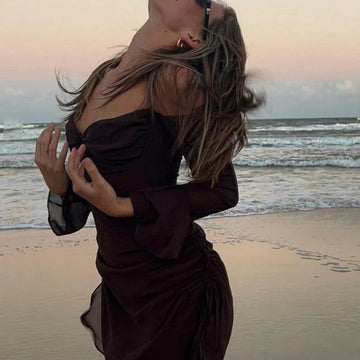 MQTIME  -  Women's Solid Color Square Neck See-theough Mesh Long Flare Sleeve Drawstring Pleated Halter Neck Short Mini Dress